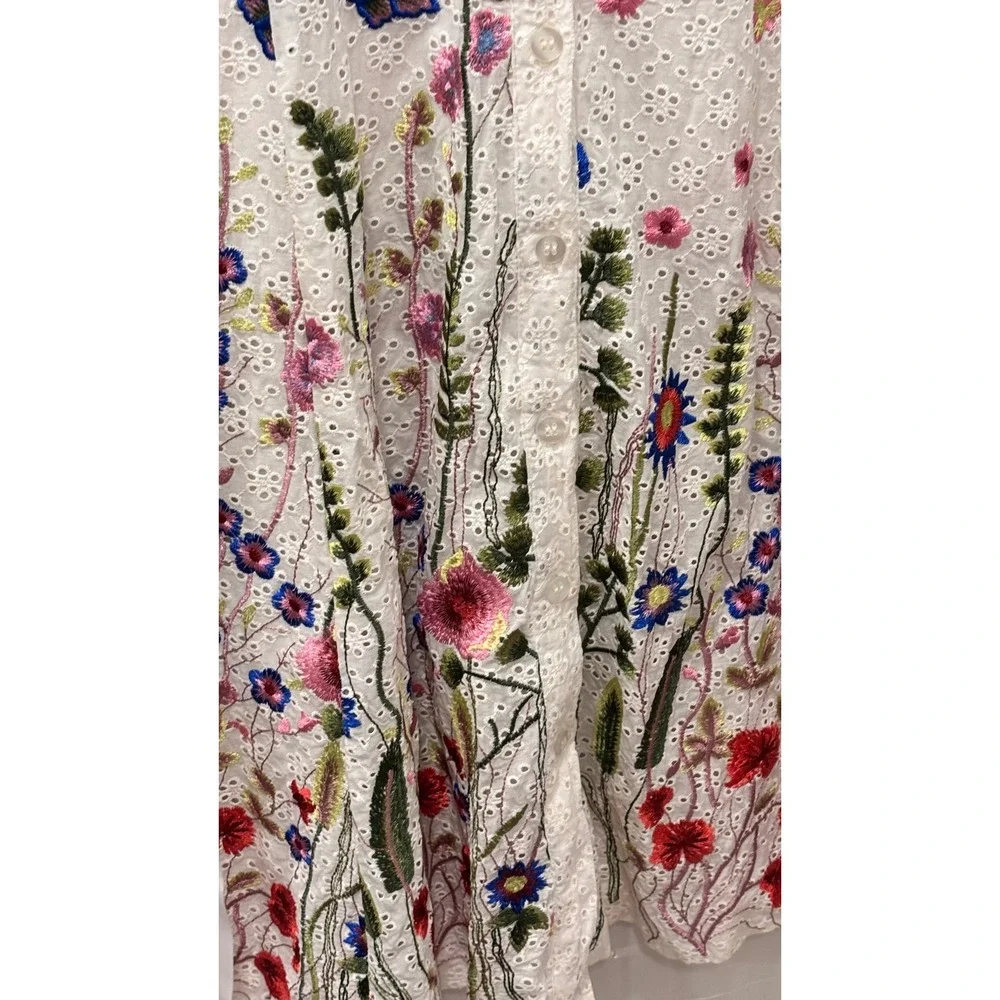 Tahari Arthur S Levine Petite Floral Eyelet Cotton Shirt Dress White Embroidered